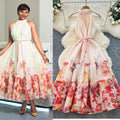 French riviera style sleeveless halter floral dress - women's spring/summer high-waisted a-line maxi dress - ethereal & chic