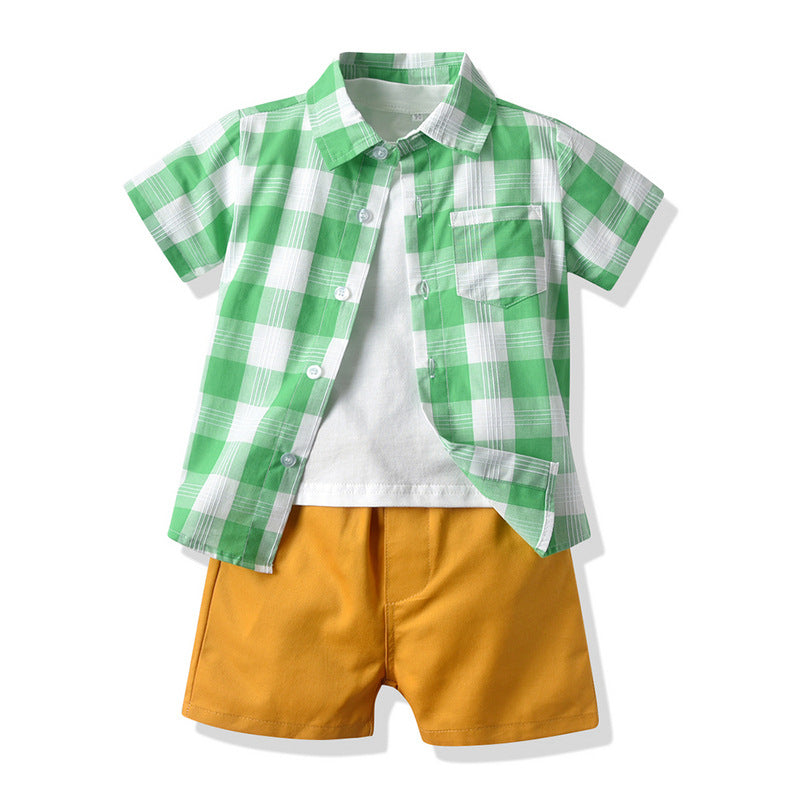 Korean style boys' summer outfit: new cotton short-sleeve shirt and shorts three-piece set - kids' casual wear