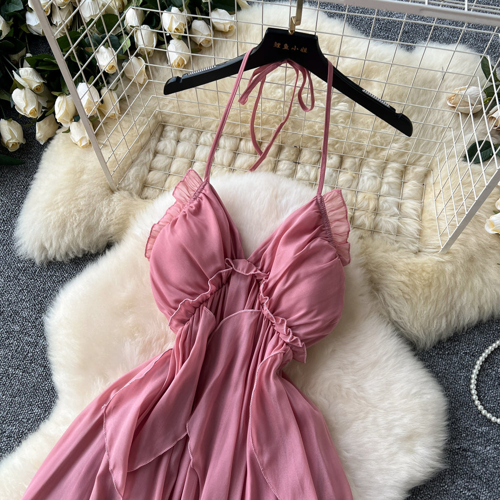 Sweet and spicy girl's vacation dress - beach cover-up, sexy v-neck halter, high-waisted ruffle hem, open back maxi dress
