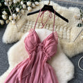 Sweet and spicy girl's vacation dress - beach cover-up, sexy v-neck halter, high-waisted ruffle hem, open back maxi dress