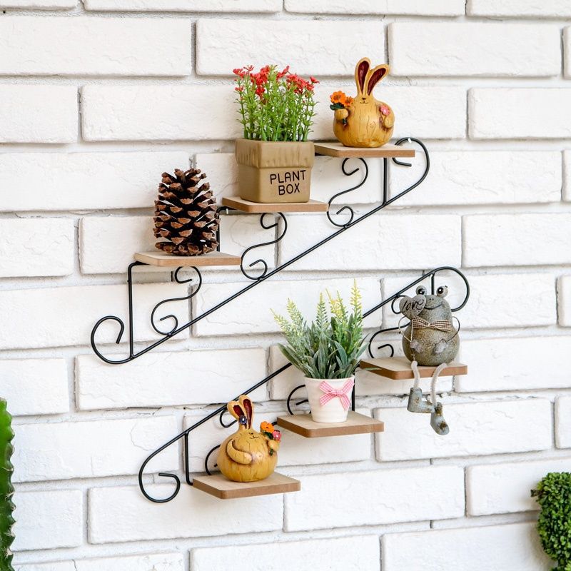American country pastoral creative staircase shape cafe clothing store wall decoration wall hanging flower rack shelf wall hanging