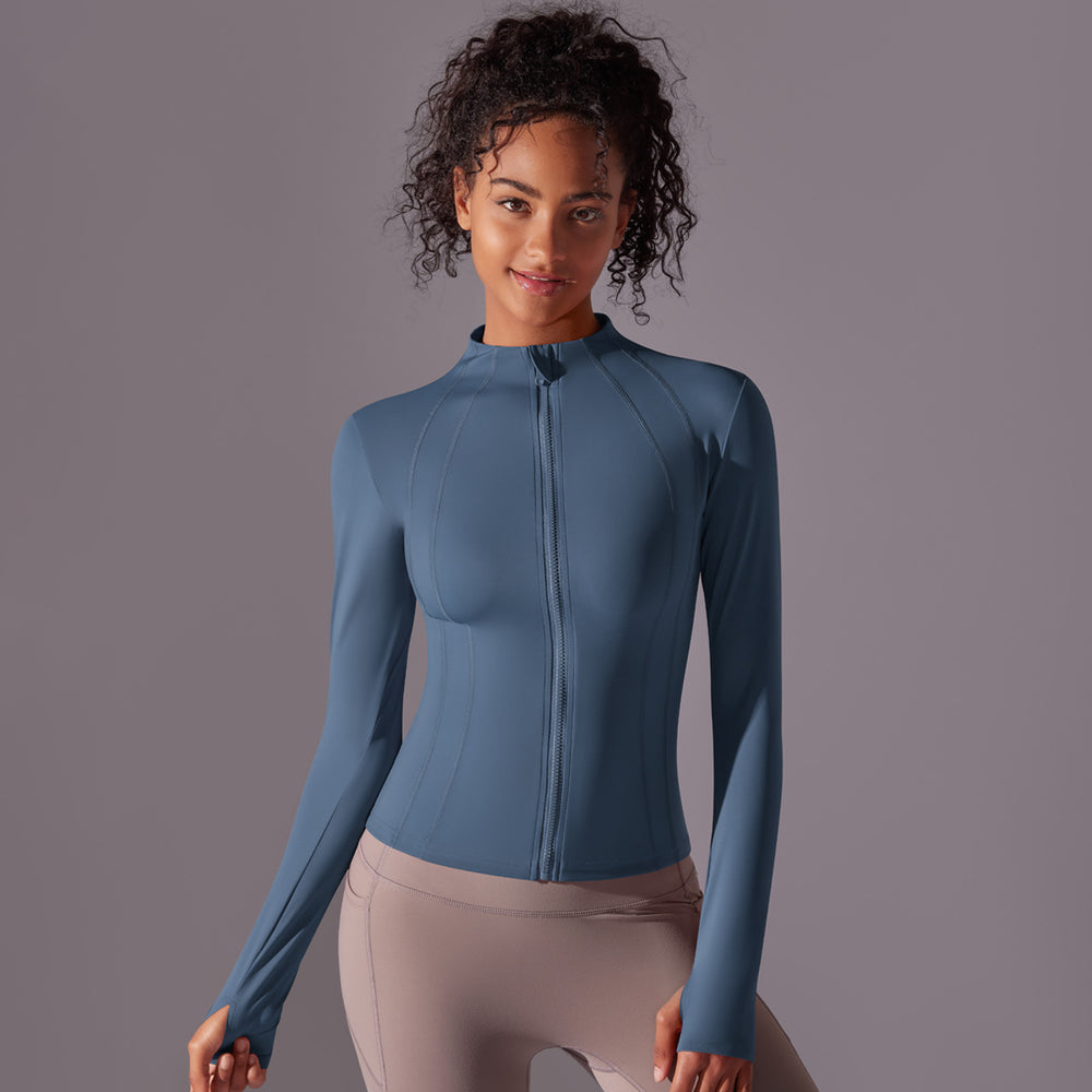 Fashionnew arrival zipper yoga outwear naked tight sports tops women's silmslimming look stand collar fitness clothes long sleeves