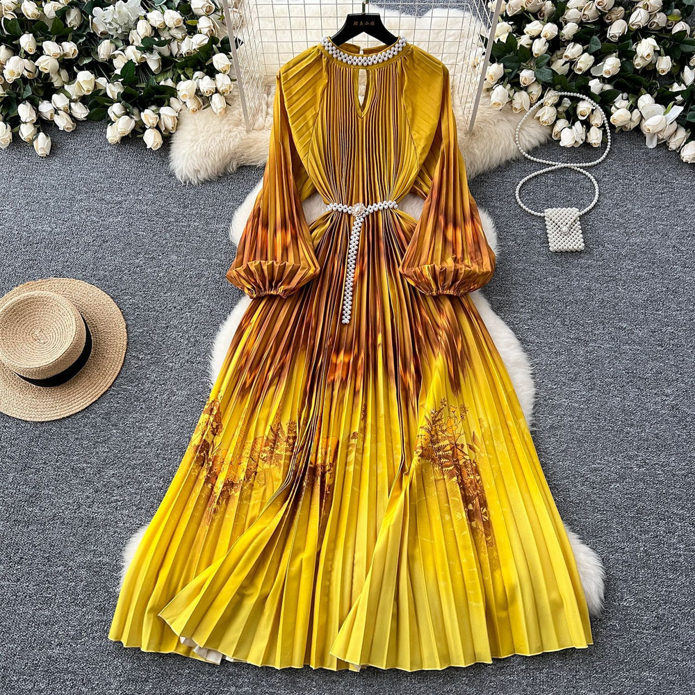 European and american high-end elegant women's fashion beaded round neck hollow-out pleated lantern sleeve cinched waist printed maxi dress