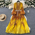 European and american high-end elegant women's fashion beaded round neck hollow-out pleated lantern sleeve cinched waist printed maxi dress