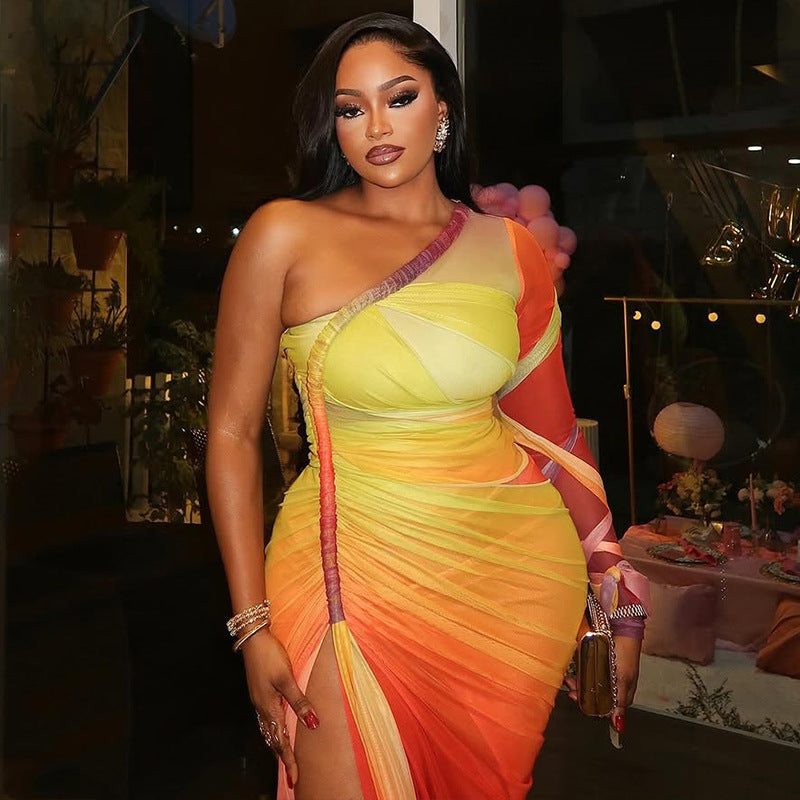 Fashion styleexport women's clothing pleated color matching slit silmasymmetrical skirt oblique collar one shoulder long sleevesfashiondress