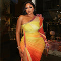 Fashion styleexport women's clothing pleated color matching slit silmasymmetrical skirt oblique collar one shoulder long sleevesfashiondress
