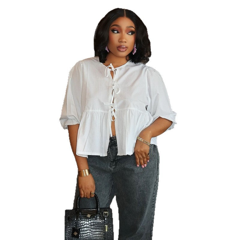 European and american women's clothing  autumn new sweet and fresh round neck tie button half sleeve women's shirt top