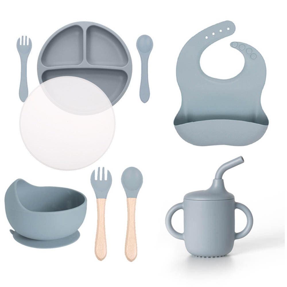 Children's silicone round three-grid plate with PP lid tableware set Baby feeding complementary food plate with small suction cup