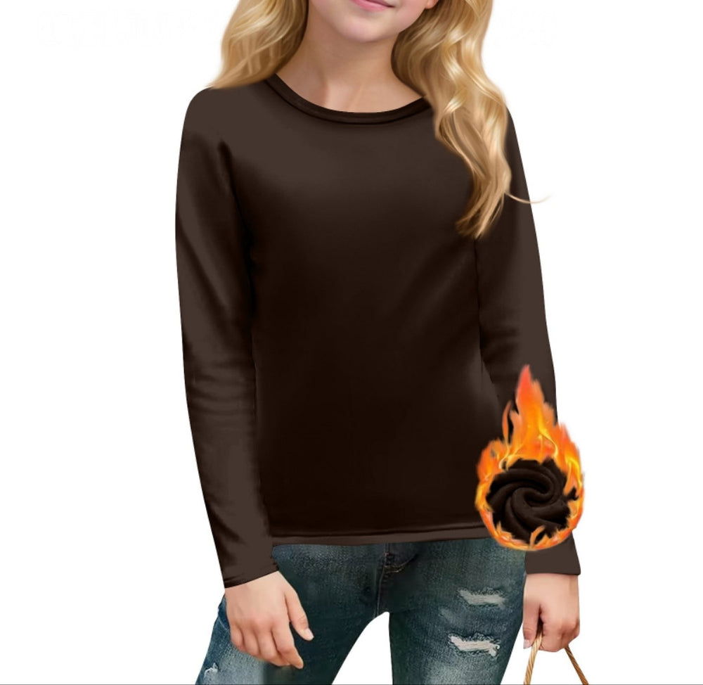 cross-border  autumn/winter new children's long-sleeve crew neck solid color everyday casual fleece-lined t-shirt top