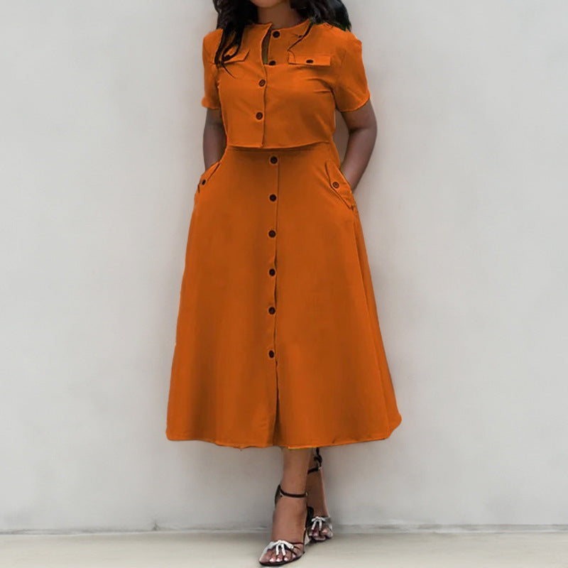 cross-border e-commerce european and american women's clothing: new summer collection - solid color commute style short-sleeve single-breasted long dress set