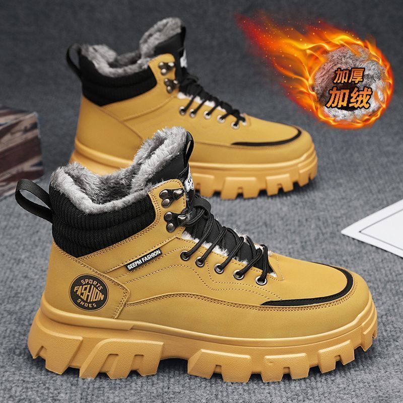 Boots men's fall and winter high-top british style workwear rhubarb boots men's fleece-lined cotton shoes thick sole outdoor waterproof leather boots