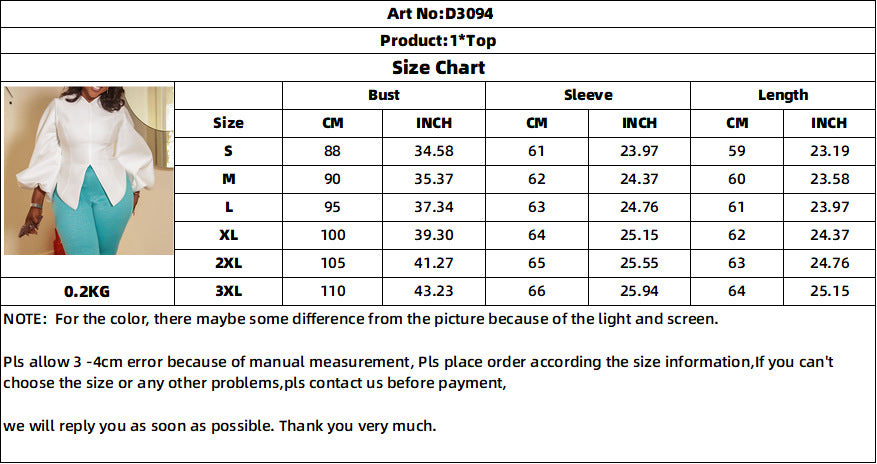 D3094  foreign trade plus size women's solid color lantern sleeve elegant commute v-neck top african european and american style blouse