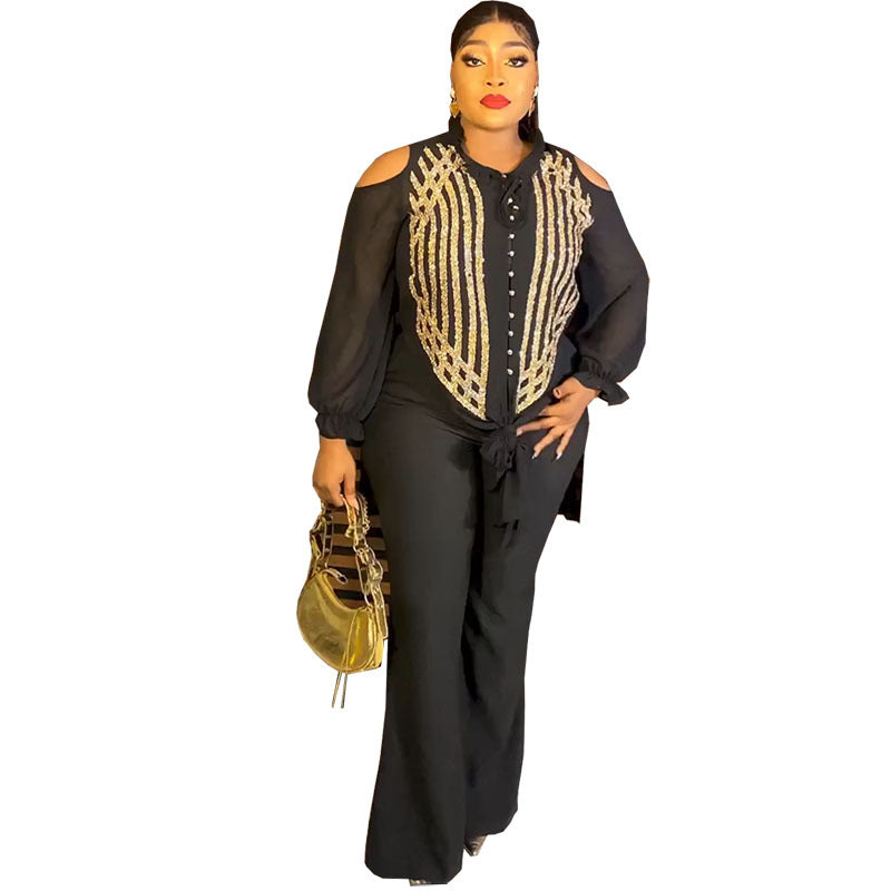 New african cross-border fashion: beaded blouse top and slim-fit pants set