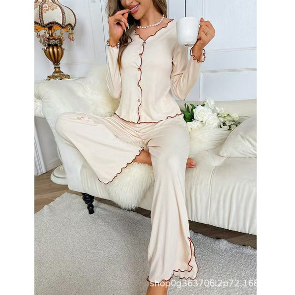 Spring new lapel cardigan pajamas women's suit European and American high-end splicing horn sleeves trousers loungewear