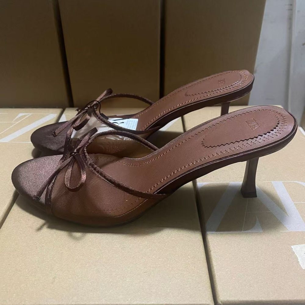 Za2025 summer new bowknot mesh brown peep-toe high heel sandals - everyday wear & outdoor sandals for women