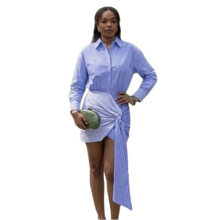 European and american cross-border women's fashion:  summer new arrival - stylish notch collar striped irregular shirt dress
