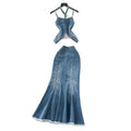 Pure desire hot girl suit women's summer american style silmasymmetrical tassel suspender denim tops + mermaid skirt