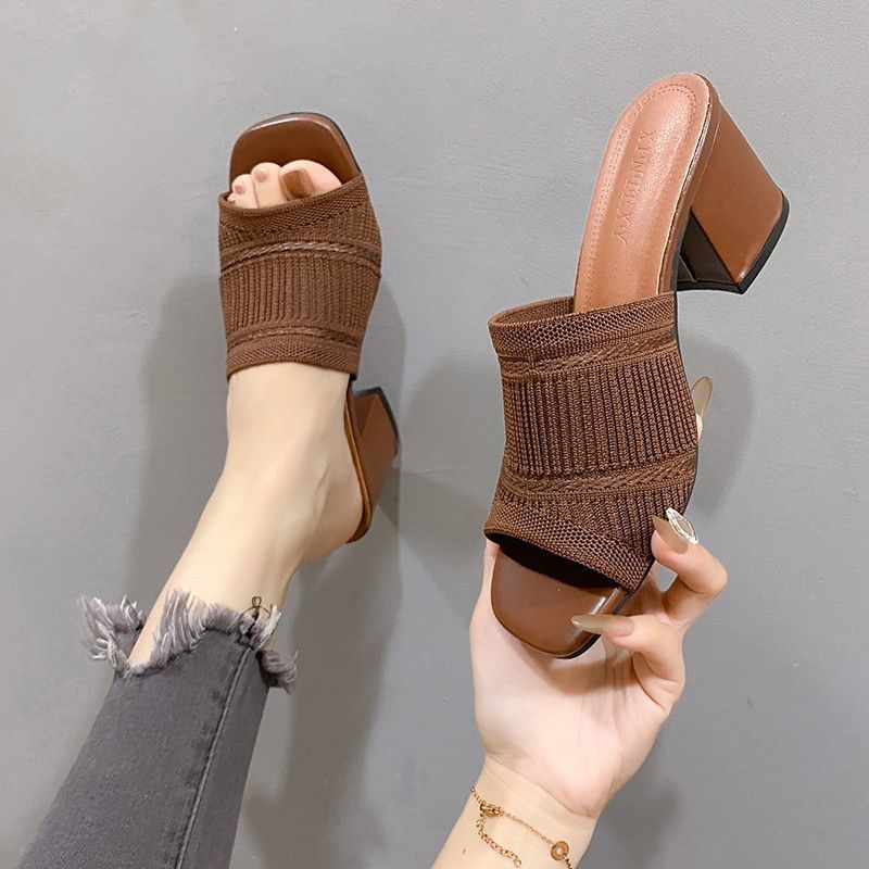 Square toe sandals summer  new french high heels open toe flyknit cutout peep-toe thong sandals wholesale