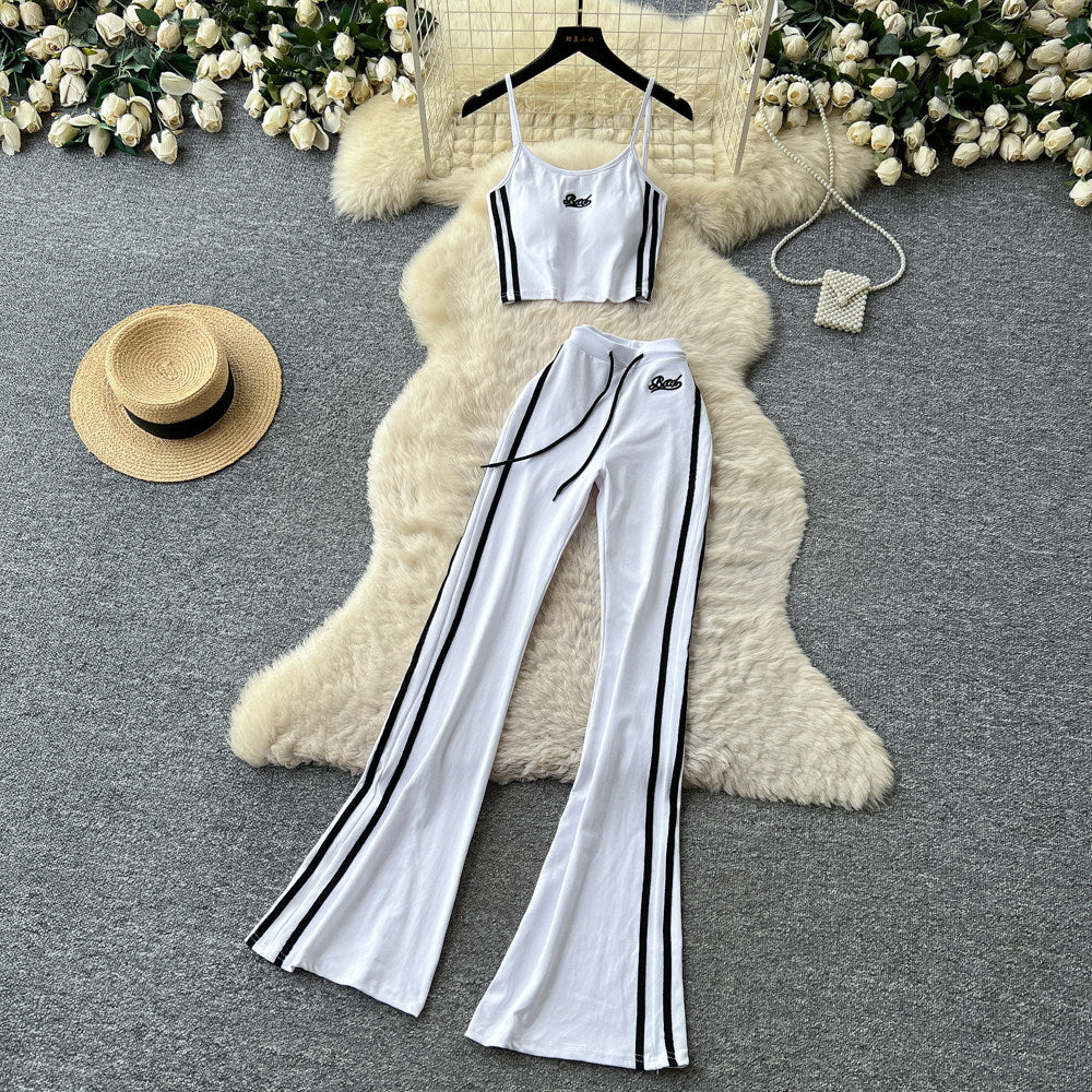 Spicy girl style red camisole two-piece set: double-stripe high-waisted flare pants - trendy summer outfit for women
