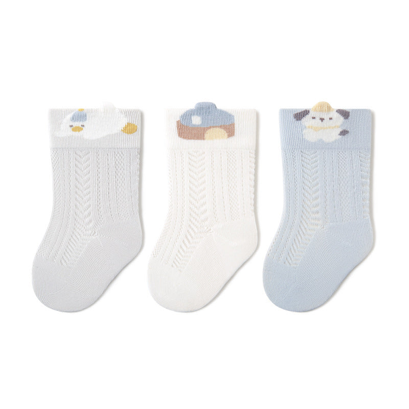 Babylon baby mid-calf socks combed cotton mesh cartoon kids socks spring and summer new arrival loose mouth anti-mosquito socks category a