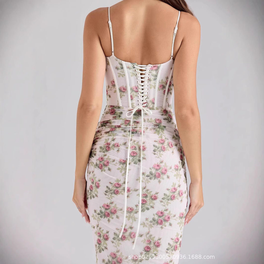 SDM161 temperament printed tube top suspender chest cotton with fishbone straps dress hip skirt Dress