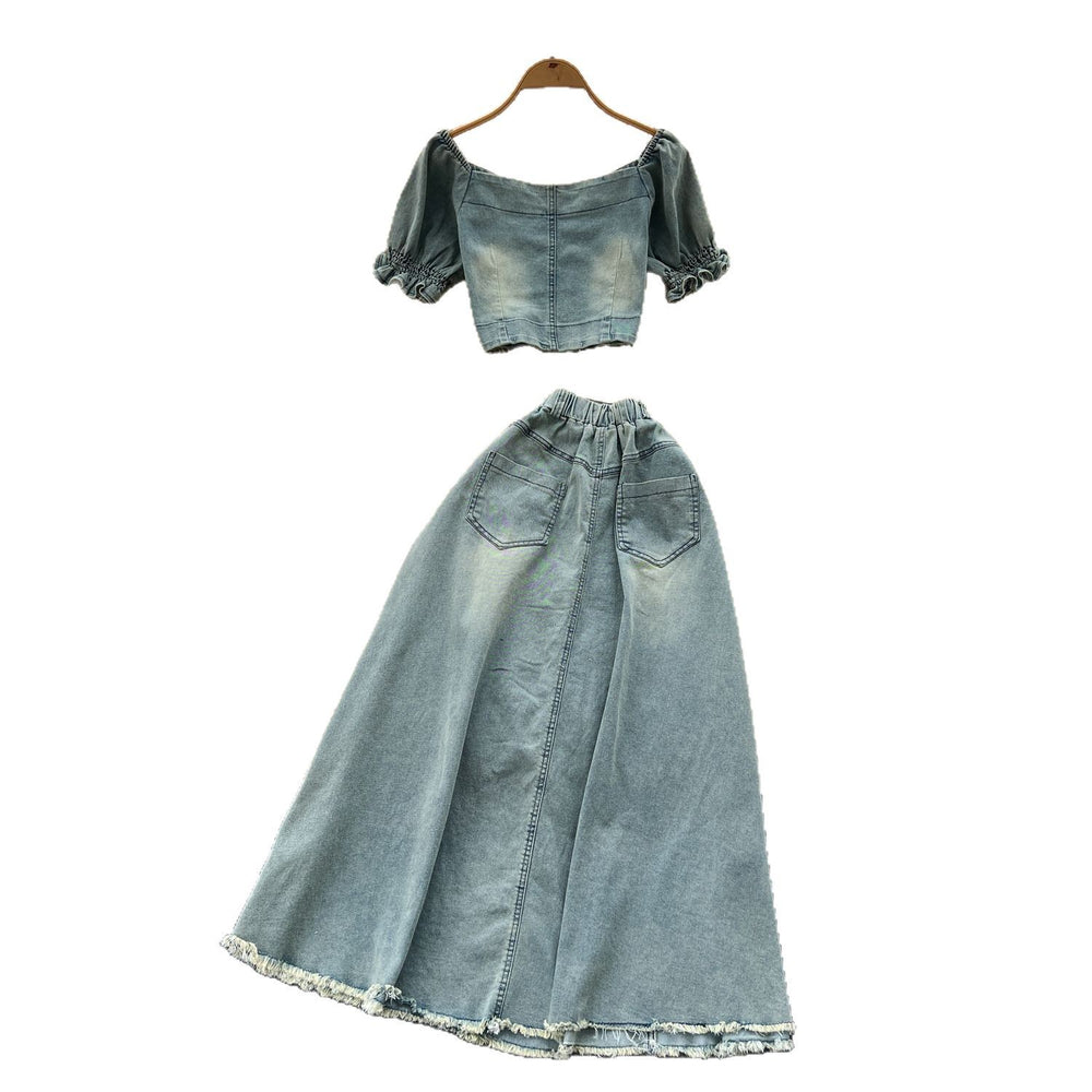 Summer outfit set for women: chic square neck puff sleeve cropped denim top + high-waisted flared midi skirt