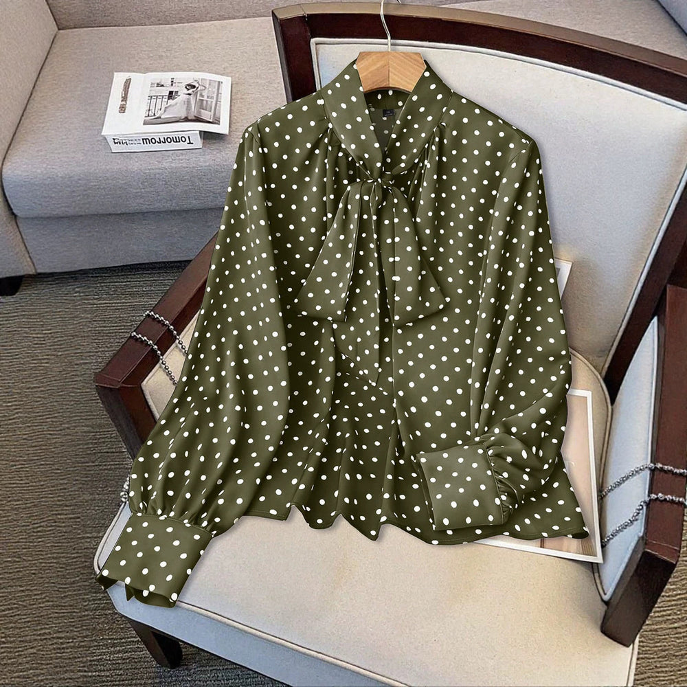 plus size retro polka dot ribbon tie blouse - bow collar, bubble sleeves, tummy control, versatile chiffon shirt
