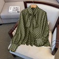 plus size retro polka dot ribbon tie blouse - bow collar, bubble sleeves, tummy control, versatile chiffon shirt