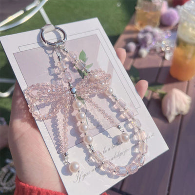 Luxury pearl bowknot phone charm - premium short 3d crystal wrist strap