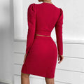 european and american cross-border new arrival: shimmering two-piece set - bubble long sleeve cropped top with ruched slit detail