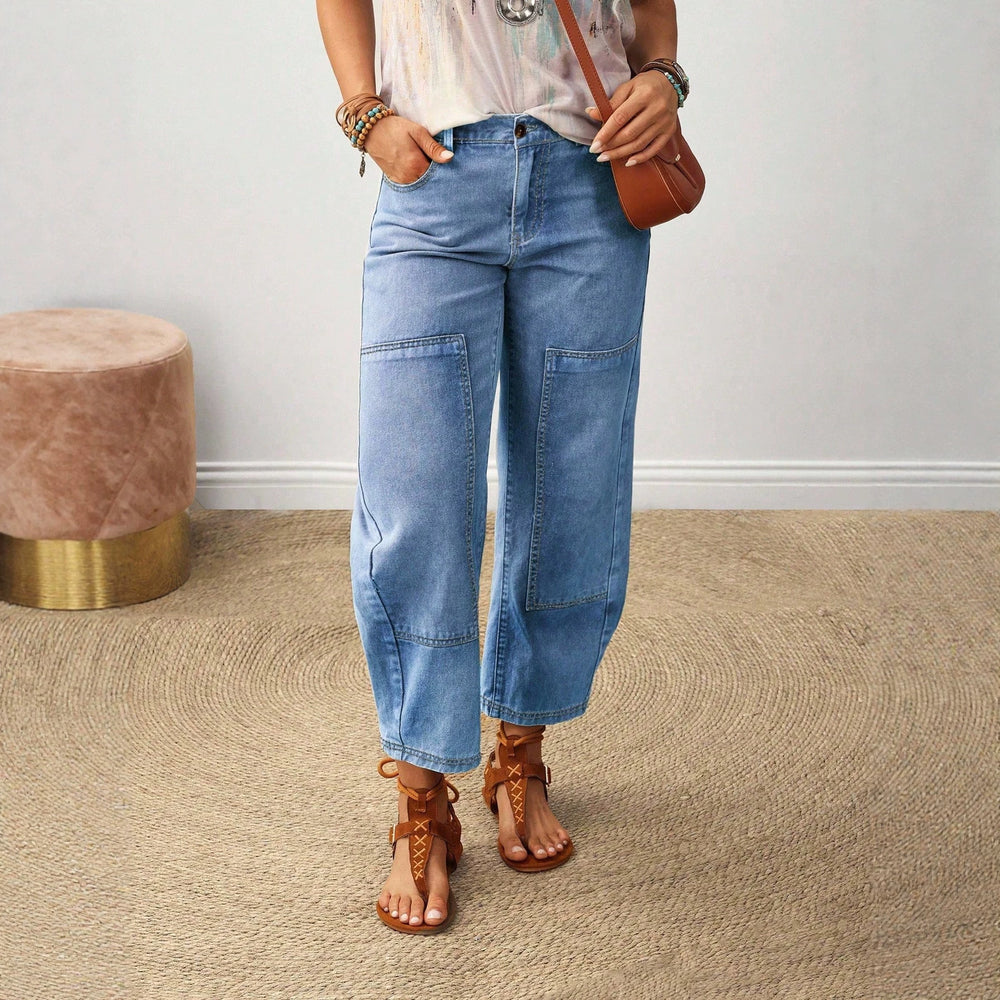 European and american cross-border casual patchwork denim jeans - women's washed loose straight-leg wide-leg pants