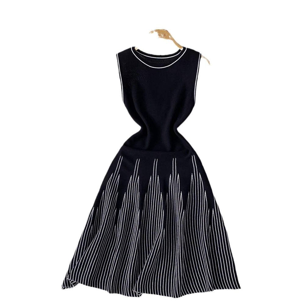 European and american style minimalist sleeveless crew neck striped knit dress - women's summer cinched waist design, unique fairy-inspired midi dress