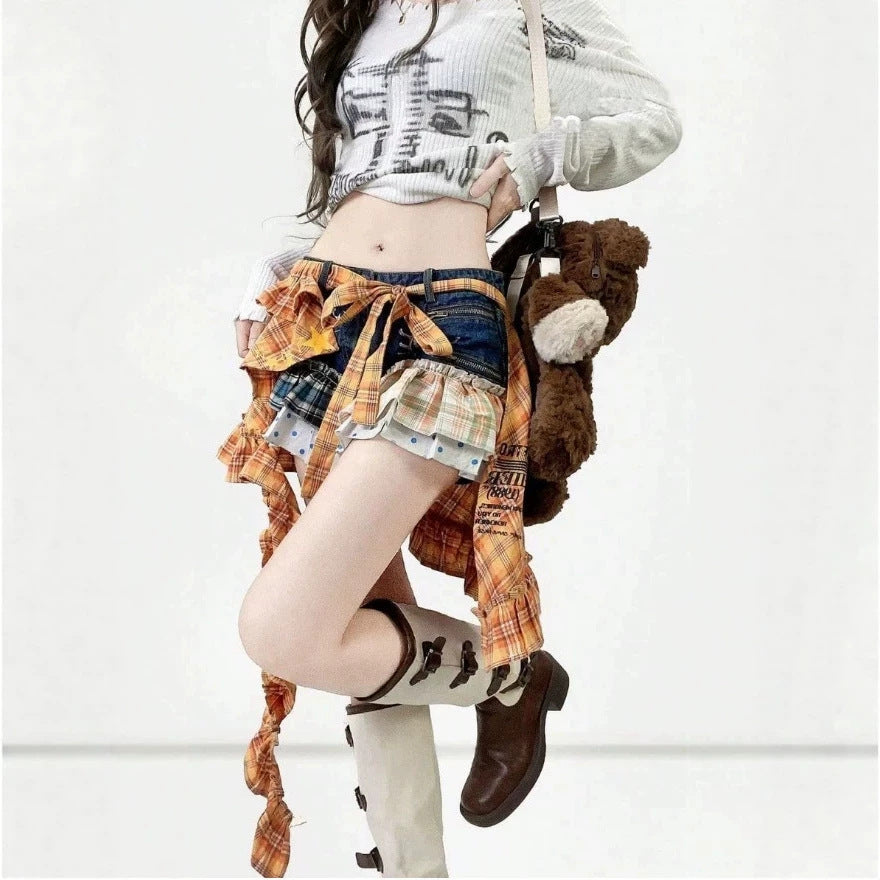European and american foreign trade  plaid irregular skirt with tie back bow tie butt curtain for women