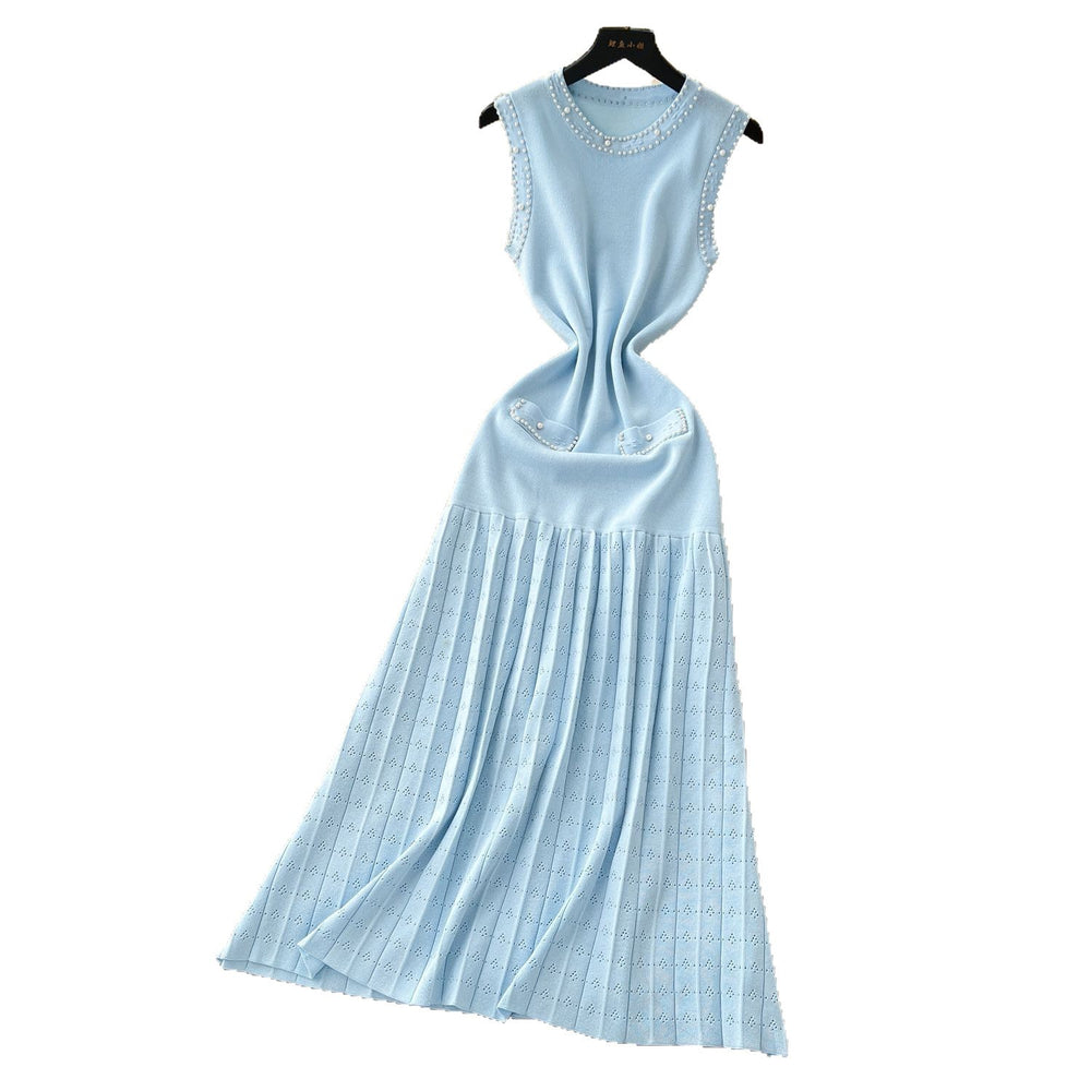 Frenchaccessible luxury celebrity heavy industry beading round neck sleeveless dress women's summer waist elegant knitting vest long skirt