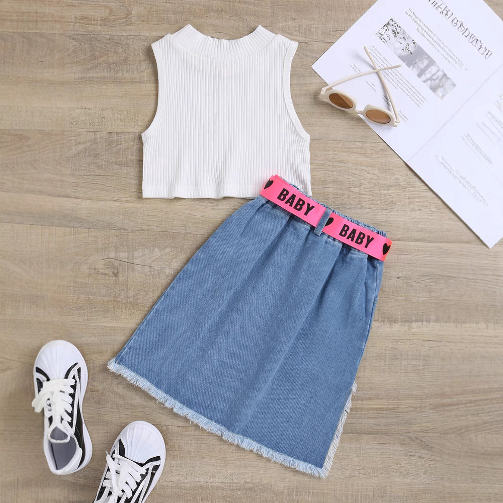 children's clothing new arrivalpure cottonknitting pit vest washed hole denim skirt girl kidssuit cross-border belt