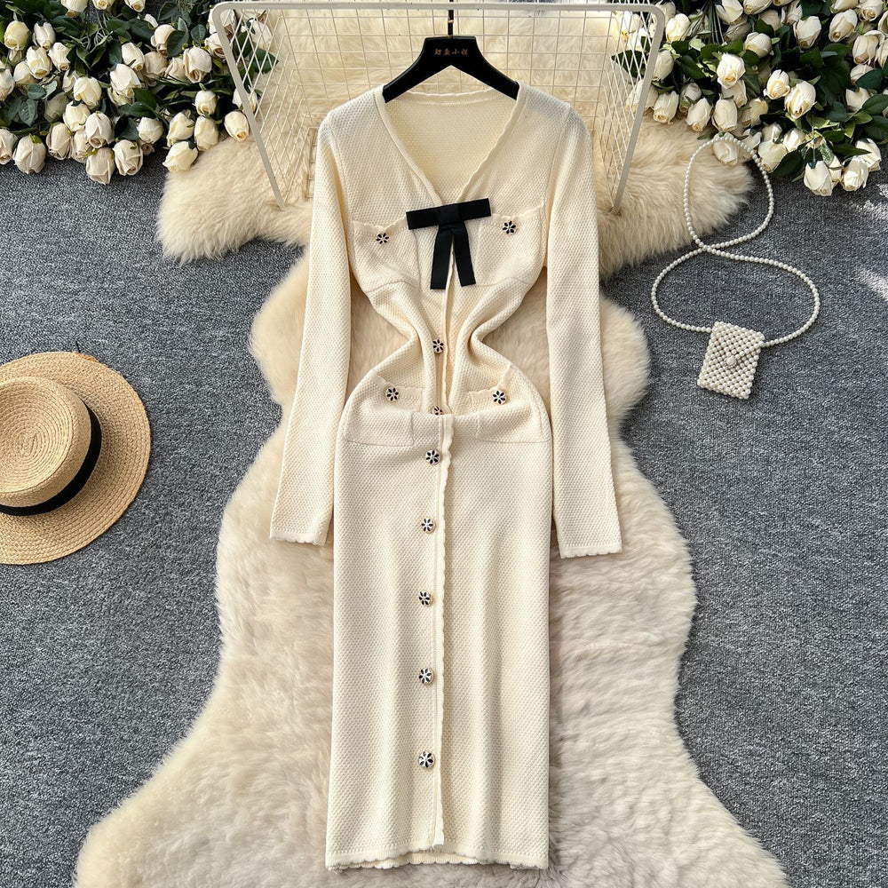 French chic chanel-inspired knit dress with bow and metal buckle detail - autumn layering sweater dress