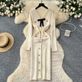 French chic chanel-inspired knit dress with bow and metal buckle detail - autumn layering sweater dress