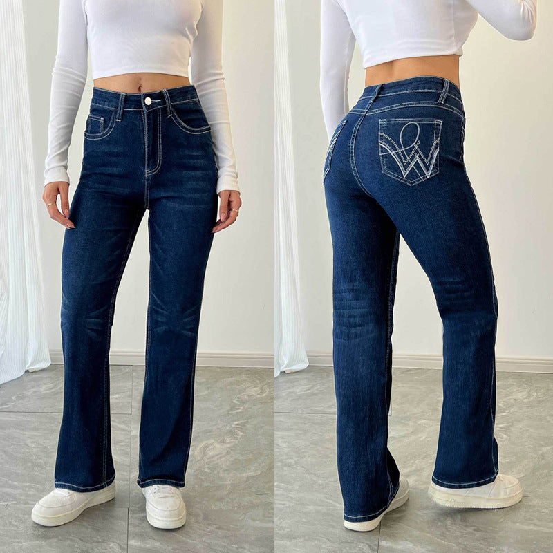 European and american style women's stretch denim jeans -  new collection: elegant, commute-friendly, straight-leg, washed, fashionable embroidered jeans