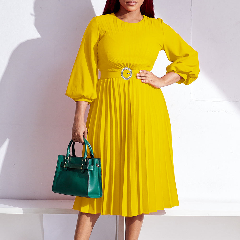 C8553 cross-border  women's fashion  autumn new arrival solid color pleated loose fitted waist round neck african dress