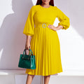 C8553 cross-border  women's fashion  autumn new arrival solid color pleated loose fitted waist round neck african dress