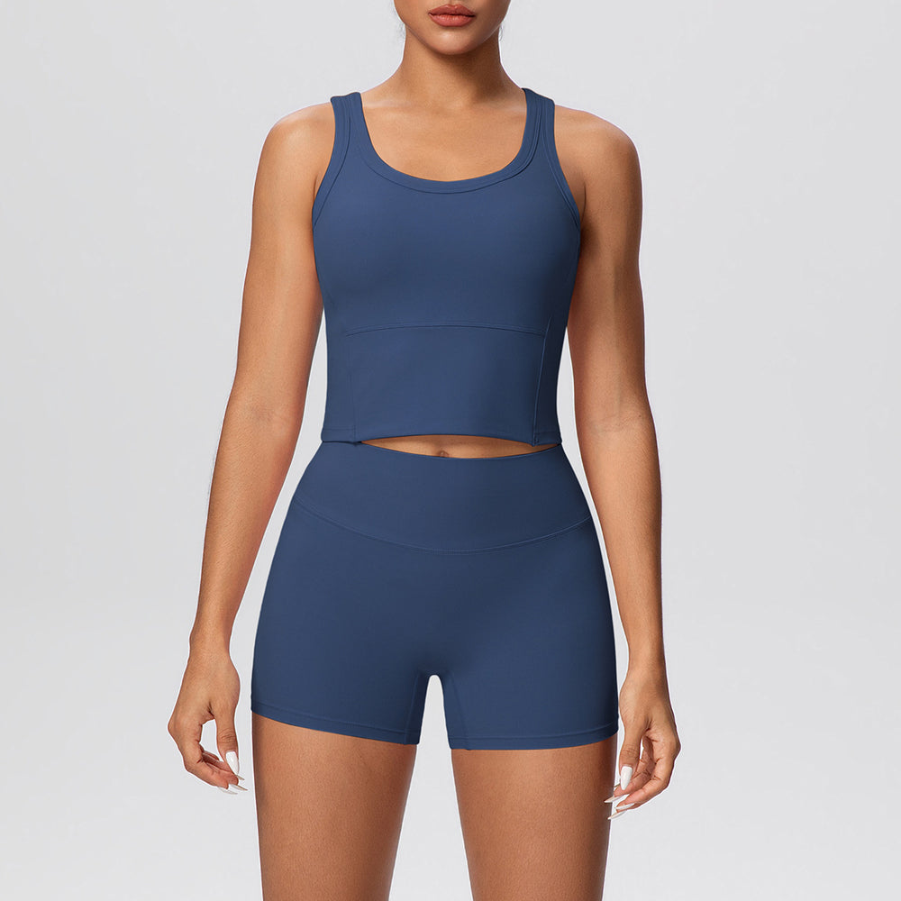 New arrival: cross-border double-sided brushed solid color breathable tank top and shorts yoga set - activewear two-piece for running and fitness