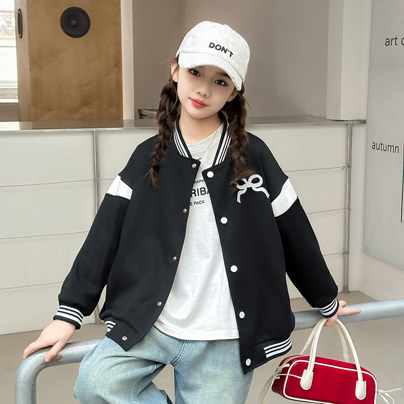 Girls' baseball jacket -  spring/autumn new collection - stylish and versatile crew neck jacket for mid-to-large children - autumn apparel