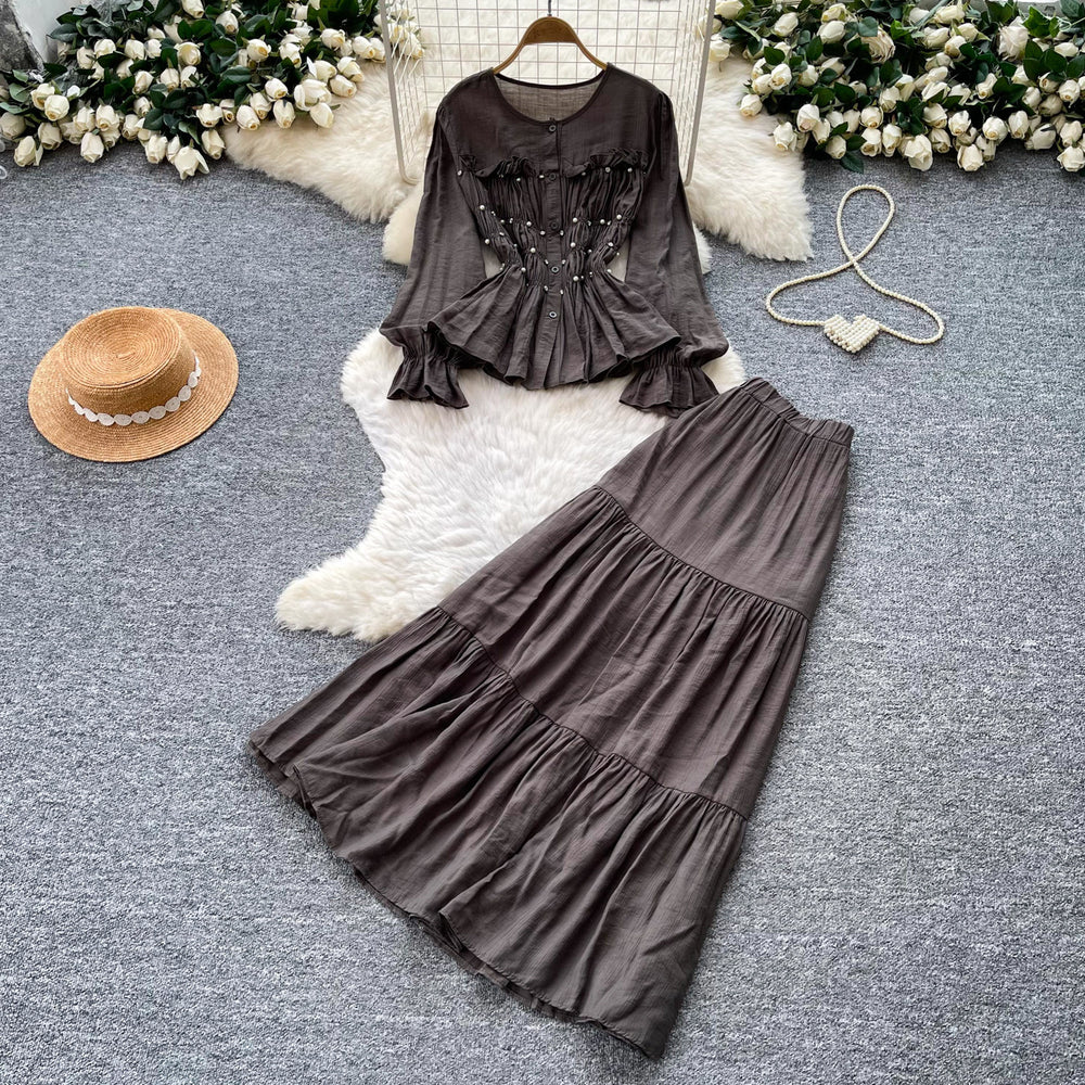 French chic slim-fit long sleeve shirt and midi skirt set - autumn workwear, figure-flattering, versatile two-piece