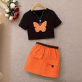 european and american style cross-border children's clothing: printed top + cargo skirt set with belt for older girls