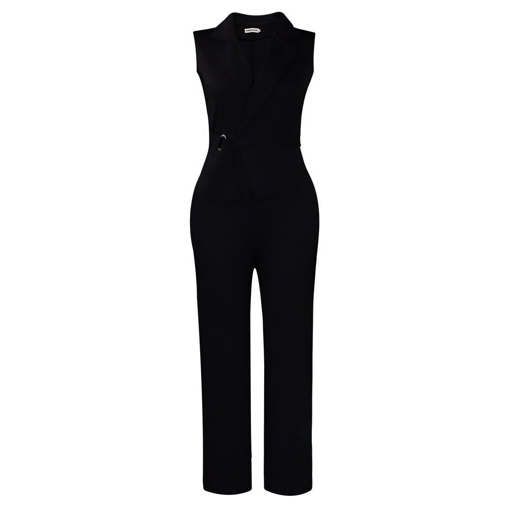 C8653 cross-border e-commerce summer fashion solid color sleeveless blazer collar tie wide leg pants african jumpsuit