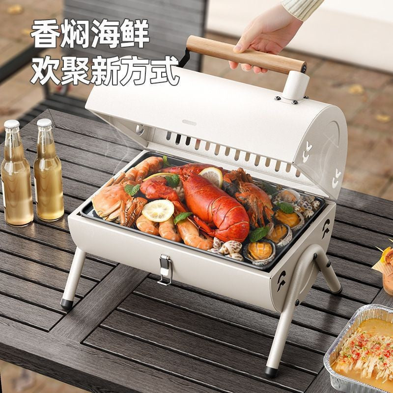 Small portable outdoor bbq grill with collapsible chimney, charcoal camping bbq grill for outdoor cooking and barbecuing