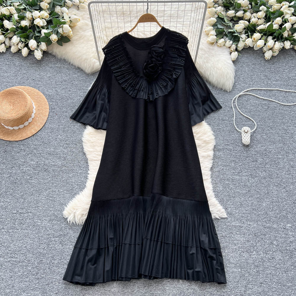 European and american niche style heavy beaded 3d floral flared sleeve dress - women's loose fit slimming a-line pleated maxi dress