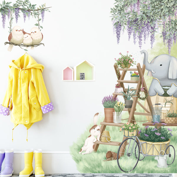 Purple vine decorative sticker cartoon elephant bird bedroom background wall sticker pot cut plant removable wall sticker