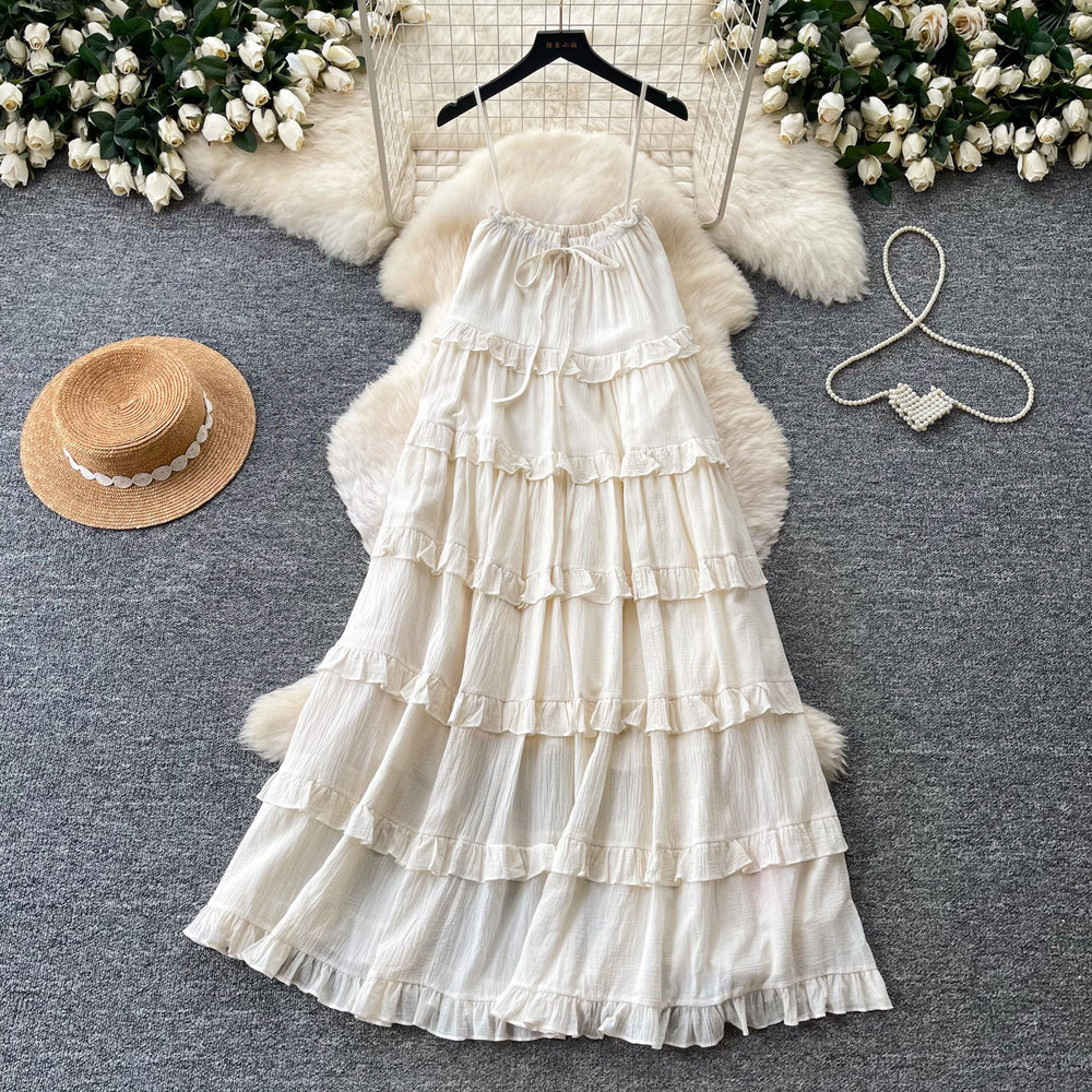 French riviera style sleeveless dress - women's summer korean ruffle trim ladylike cake dress - slimming elegant maxi dress