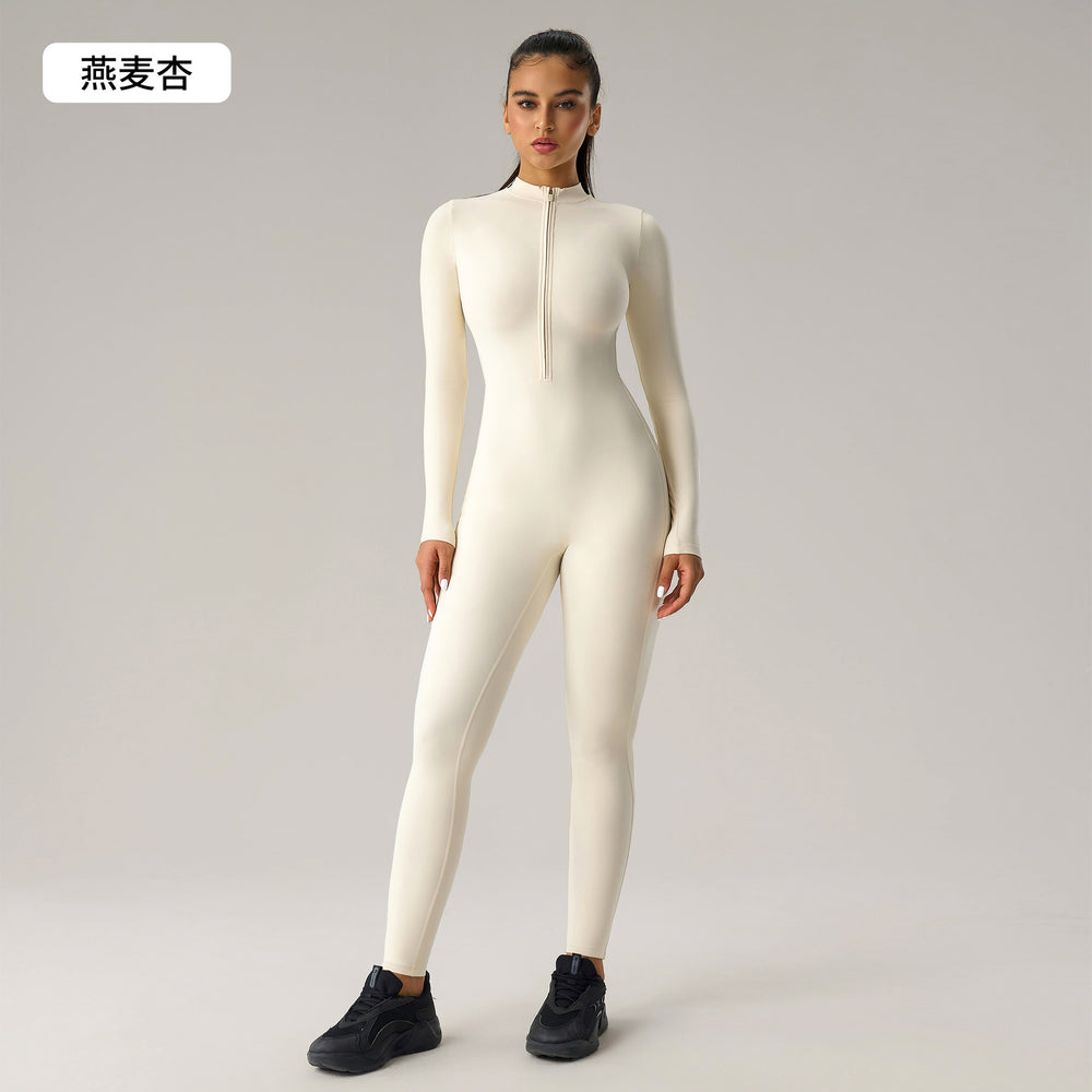 European and american high-stretch bodysuit yoga outfit - half-zip long sleeve workout suit - peach lift butt yoga leggings dlt002